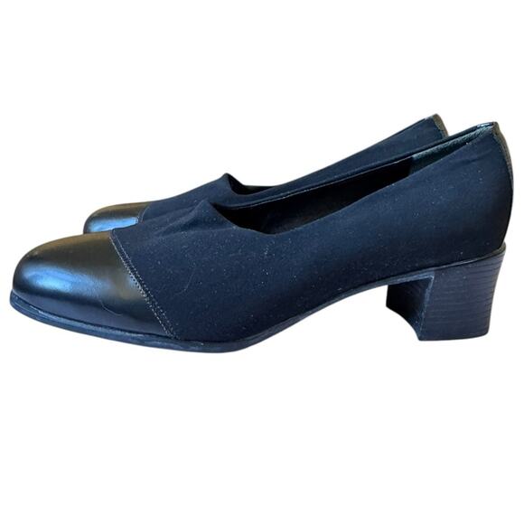 Vintage Munro American 8.5 Slip On Pumps Mid Heel Black Fabric+ Leather, Cap Toe - Picture 4 of 10